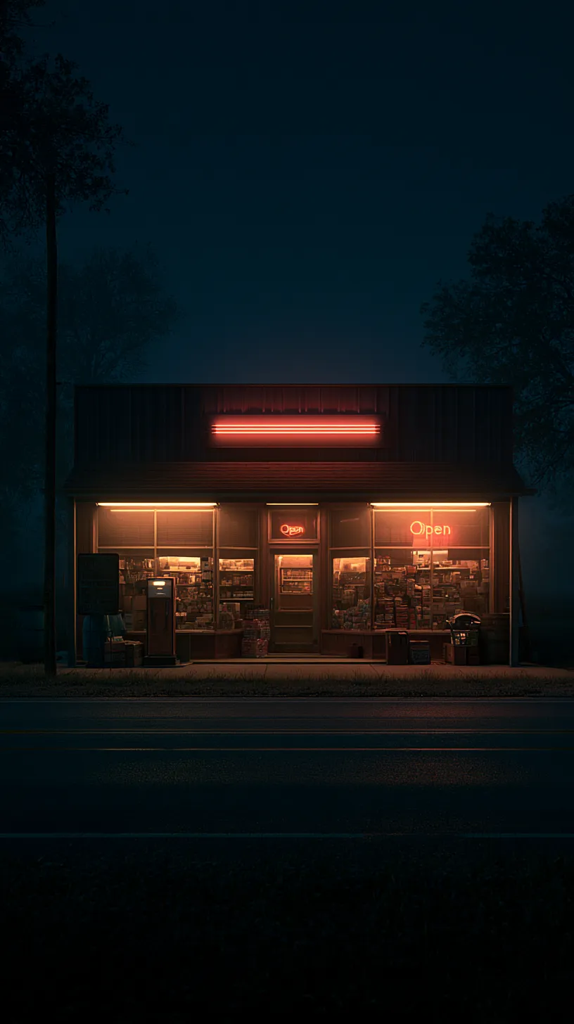The Bev Bros Co. store at night, lit from within